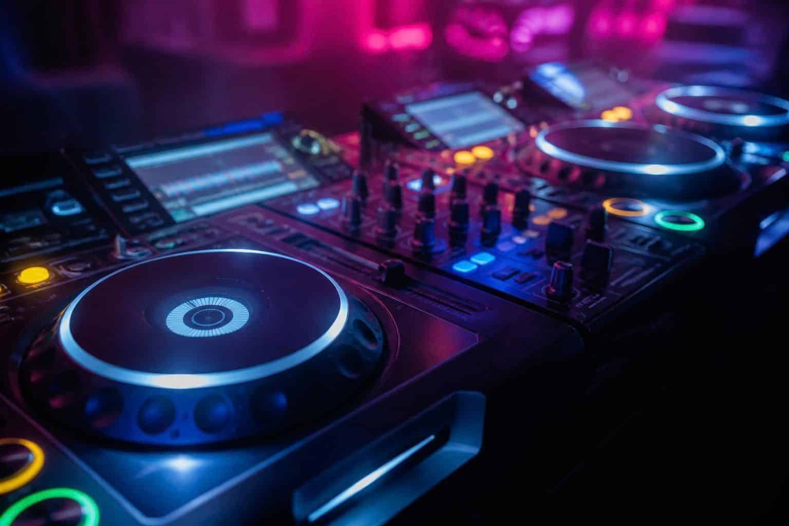 DJ decks and mixer glowing in a dark club booth